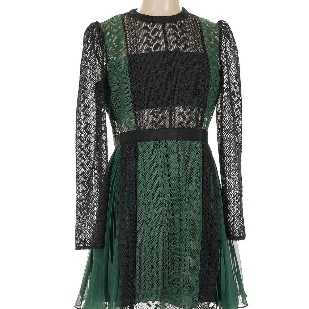 Self-Portrait Round Neck Zip Up Green And Black Lace Mini Dress - Size 2